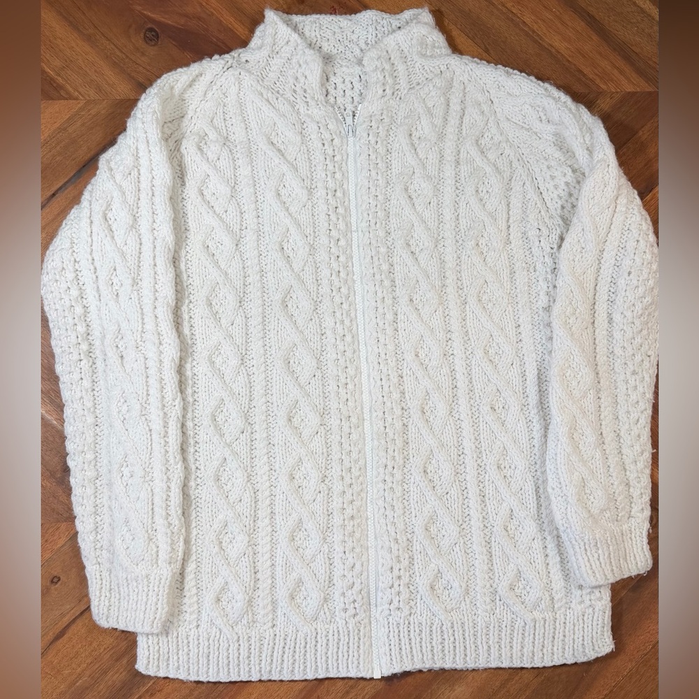 Handmade Wool Cable Knit Zip Cardigan Fisherman Sweater Cream Cottagecore